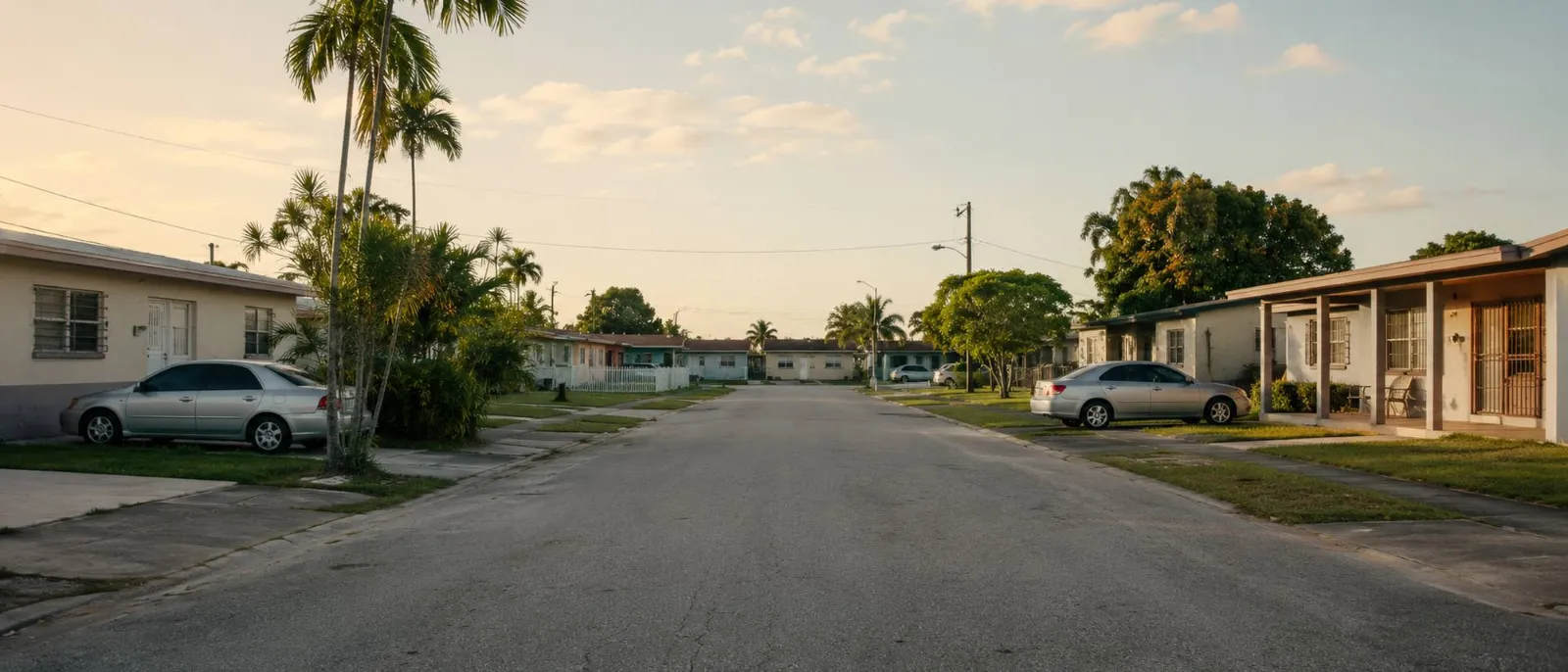 Calle residencial de Hialeah, Florida, al atardecer
