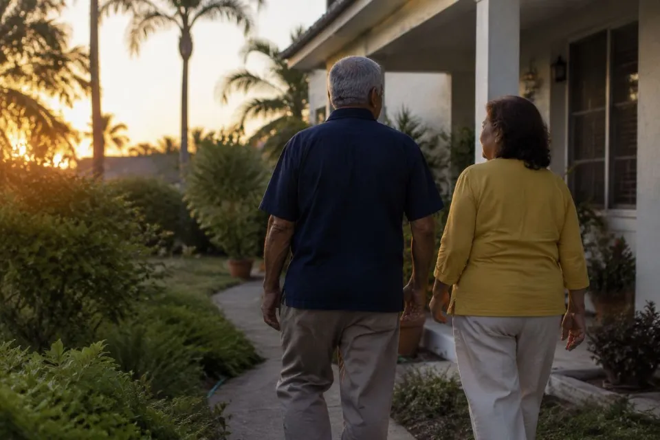 Pareja mayor caminando por el jardín de su casa en Florida al atardecer