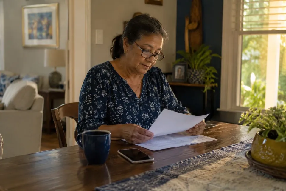 Mujer revisando documentos de su plan de salud en la mesa del comedor