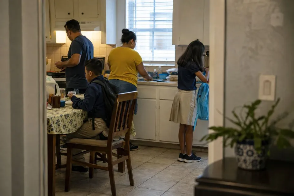 Familia latina preparando el desayuno mientras los niños se alistan para la escuela